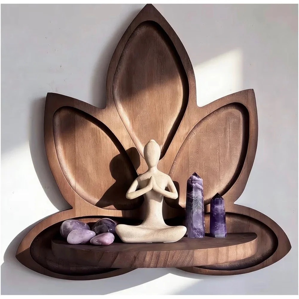 Lotus Flower Wood Wall Shelf Floating Crystal Display Boho Meditation Decor Brow